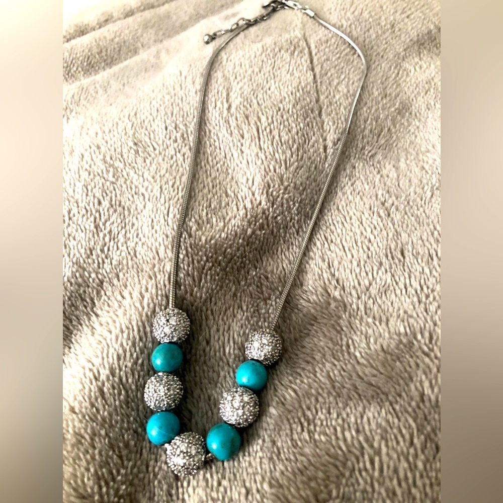 Blue Turquoise & Silver CZ Necklace